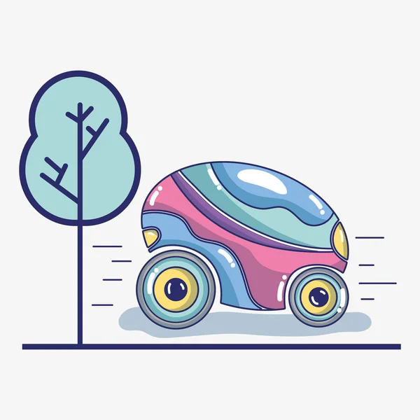 Futuristisches Auto Auf Der Straße Und Baum Vektorillustration — Stockvektor