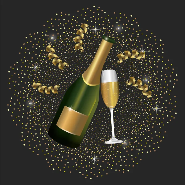 Champagnerflasche Und Glas Zum Neujahrsvektor Illustration — Stockvektor