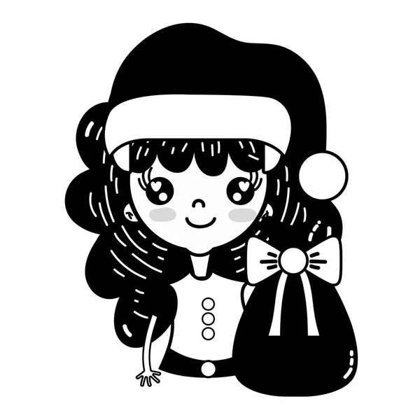 Contour Nice Girl Hat Christmas Bag Vector Illustration — Stock Vector