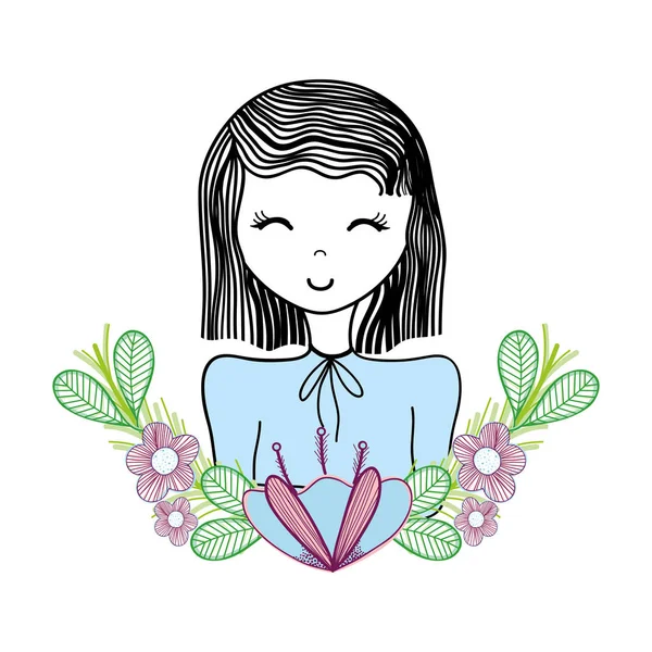 Mujer Feliz Con Decoración Flores Diseño Ilustración Vectores — Vector de stock