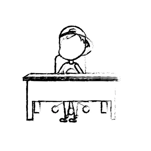 Rysunek Student Chłopiec Siedzi Ilustracji Wektorowych Drewniane Biurko — Wektor stockowy