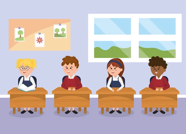 Στην Τάξη Παιδιά Μαθητές Στην Εικόνα Διάνυσμα Γραφείο Σχολείο — Διανυσματικό Αρχείο