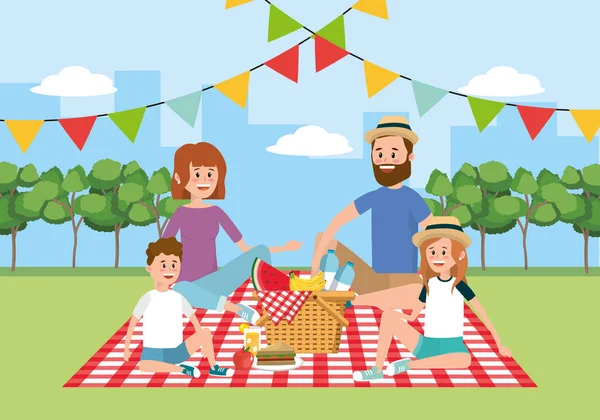 家庭野餐与篮子在桌布装饰向量例证 — 图库矢量图片