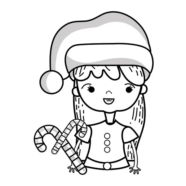 线美女女孩与圣诞节衣服和甜拐杖向量例证 — 图库矢量图片