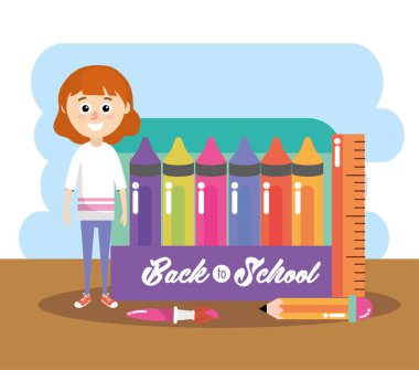 Eğitim boya kalemi ve kalem vektör çizim olan cetvel ile kız