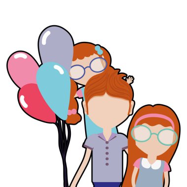 babası onun kızları ve balonlar, vektör çizim ile