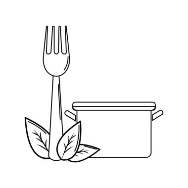 siluet pot mutfak çatal aracı ve yaprakları, vektör çizim ile