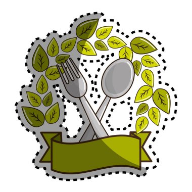 yaprakları ve şerit, vektör çizim ile etiket çatal ve kaşık mutfak aletleri