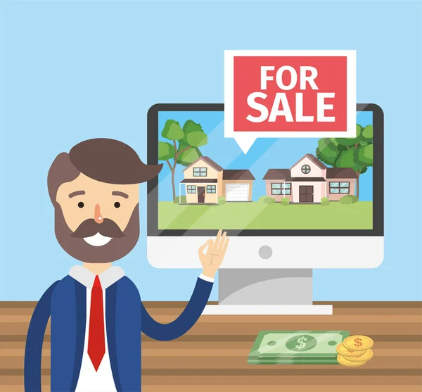 Hombre Negocios Con Computadora Venta Casas Propiedad Vector Ilustración — Vector de stock