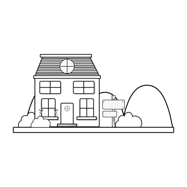 Casa Línea Junto Las Montañas Árboles Vector Ilustración — Vector de stock