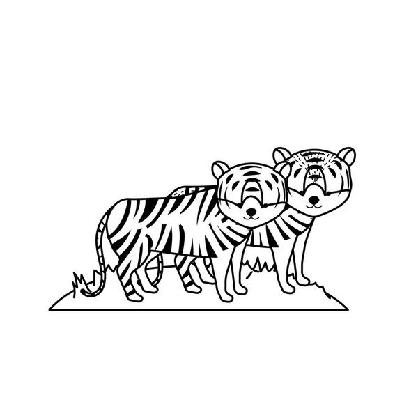 Line Söt Tiger Animaliskt Par Grupp Vektorillustration — Stock vektor