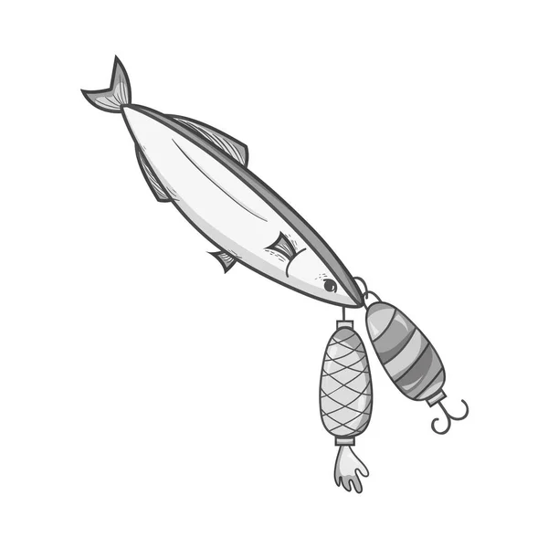 grayscale fish bitting spinner object to catch it vector illustration