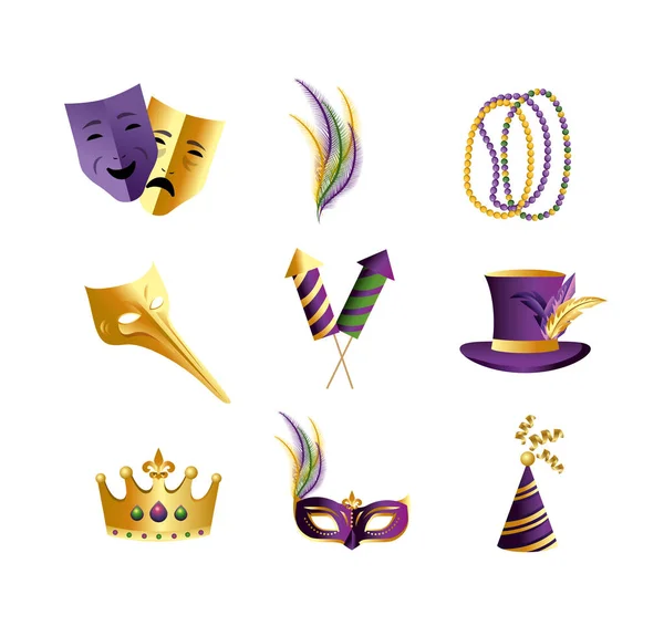 Conjunto Merdi Gras Decoração Para Celebrar Evento Vetor Ilustração —  Vetores de Stock