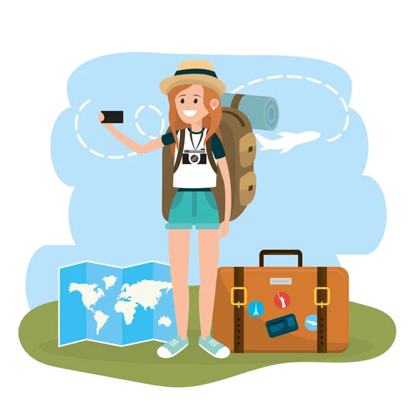 妇女旅游与智能手机和公文包旅行向量例证 — 图库矢量图片