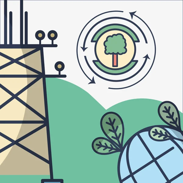 Torre Energía Planeta Con Hojas Árbol Símbolo Vector Ilustración — Vector de stock