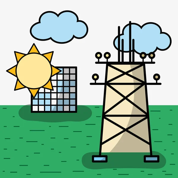 能源塔和太阳能与云量例证 — 图库矢量图片