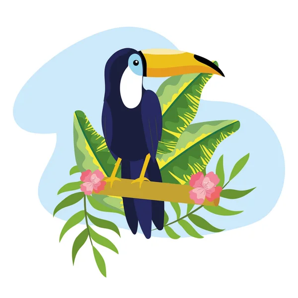 Tukan Mit Tropischen Pflanzen Blätter Sommer Vektor Illustration — Stockvektor