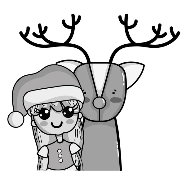 Miła Dziewczyna Skali Szarości Ilustracji Wektorowych Ubrania Renifer Boże Narodzenie — Wektor stockowy