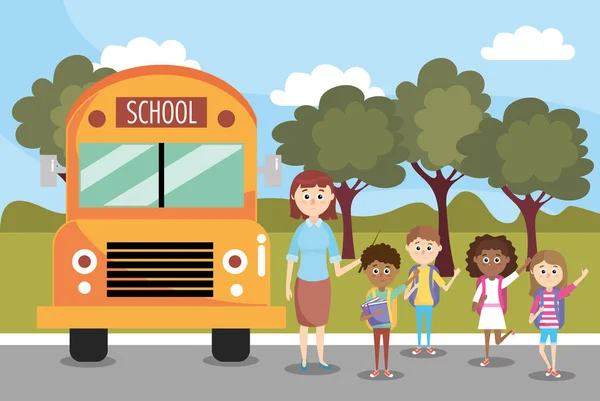 Αγόρια Και Κορίτσια Μαθητές Και Σχολικό Λεωφορείο Διανυσματικά Εικονογράφηση — Διανυσματικό Αρχείο