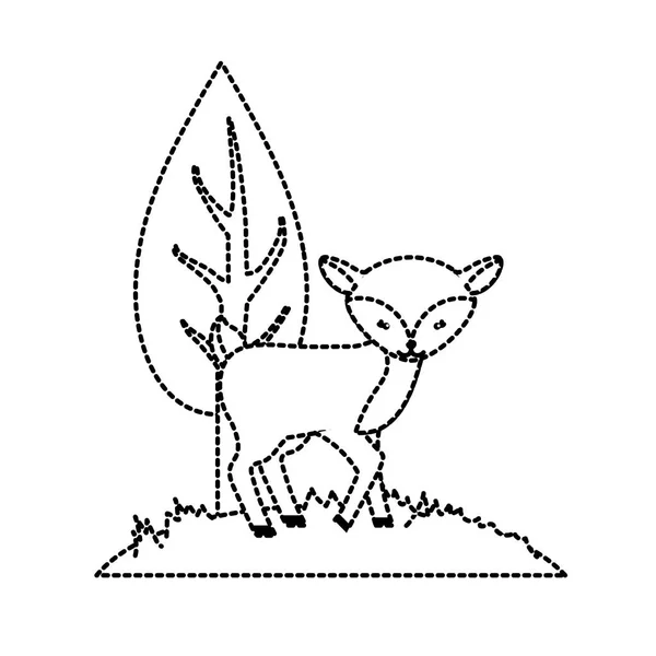 Forme Pointillée Cerf Mignon Animal Sauvage Côté Illustration Vectorielle Arbre — Image vectorielle