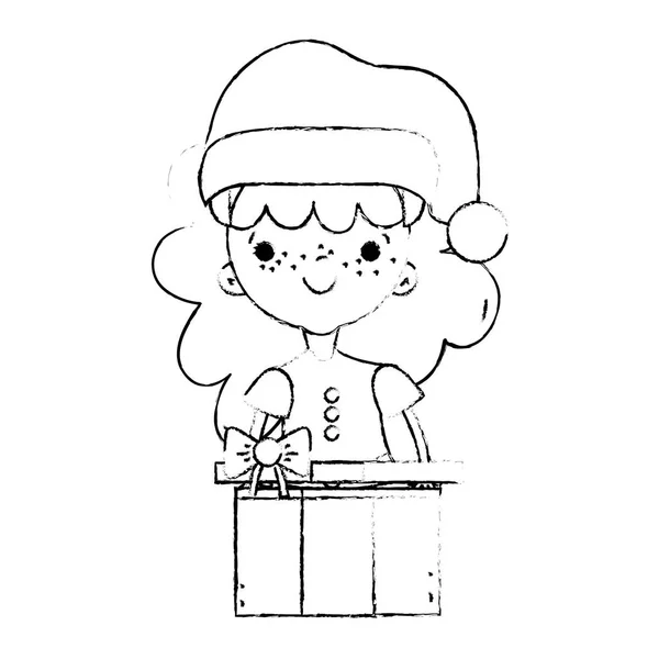 Figur Mädchen Mit Kleidung Und Weihnachtsgeschenk Geschenk Vektor Illustration — Stockvektor