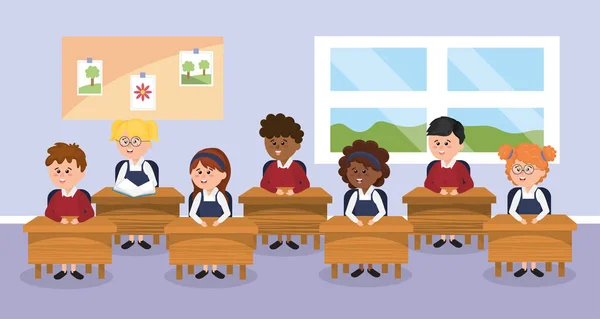 Alunos Crianças Sala Aula Com Ilustração Vetor Mesa Escola — Vetor de Stock