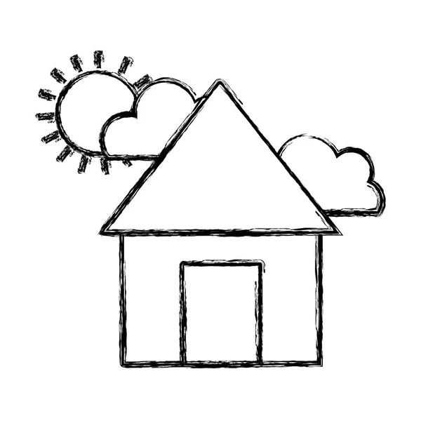 Figurenhaus Mit Wolken Und Sonne Natürliche Wettervektorillustration — Stockvektor