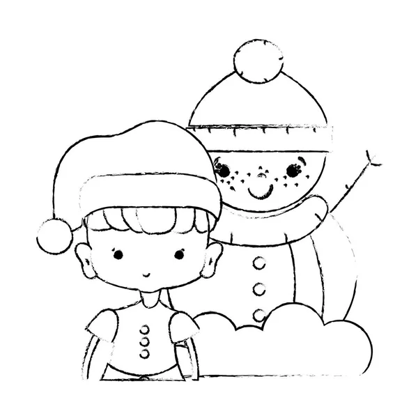 Figur Mädchen Mit Weihnachtskleidung Und Schneemann Design Vektor Illustration — Stockvektor