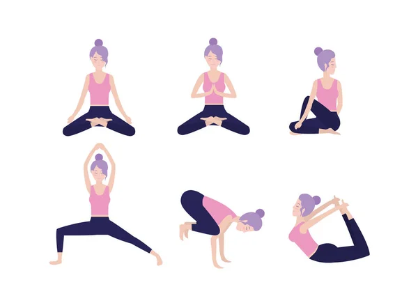 Impostare Sano Donna Pratica Yoga Vettore Illustrazione — Vettoriale Stock