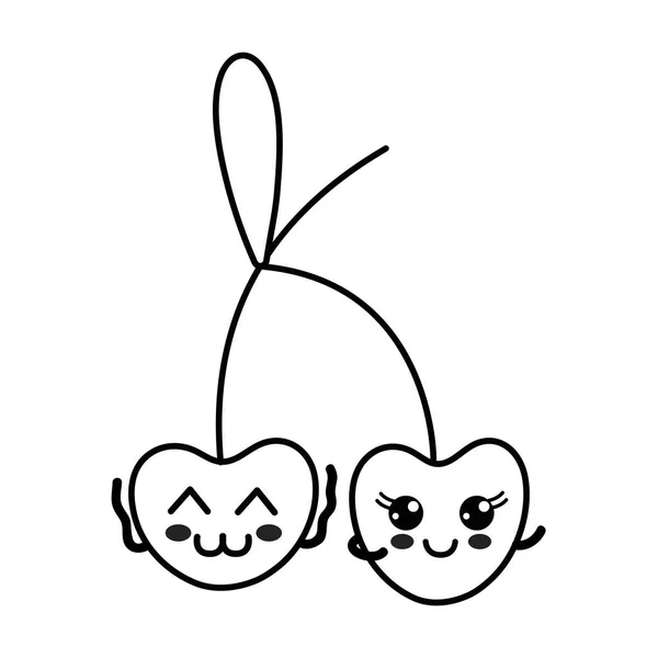 Line Kawaii Cute Happy Cherry Fruit Vector Illustration — Stock Vector