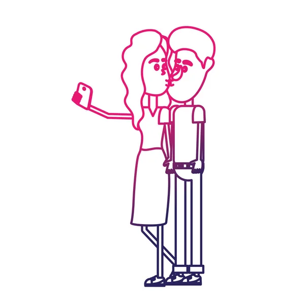 Línea Pareja Besándose Tomando Selfie Con Ilustración Vector Teléfono Inteligente — Vector de stock