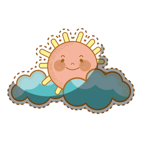 Kawaii Soleil Avec Icône Nuages Illustration Vectorielle — Image vectorielle