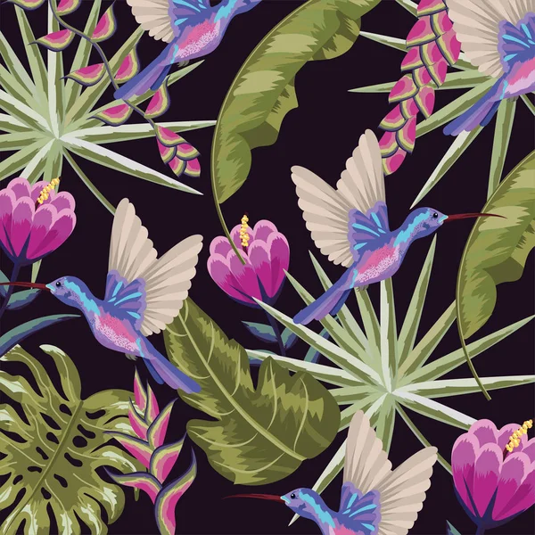 Colibri Aux Fleurs Exotiques Feuilles Plantes Fond Vecteur Illustration — Image vectorielle