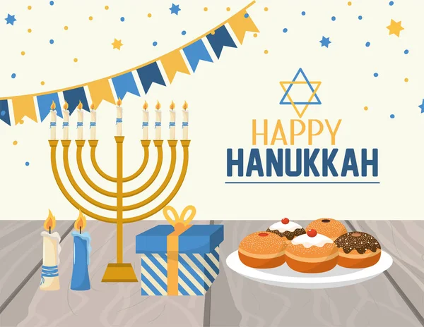 Decoração Hanukkah Com Bandeiras Festa Velas Ilustração Vetorial —  Vetores de Stock