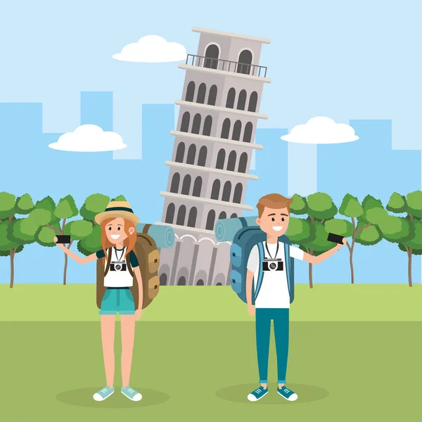 Woman Man Travel Leaning Tower Pisa Vector Illustration — Stock Vector