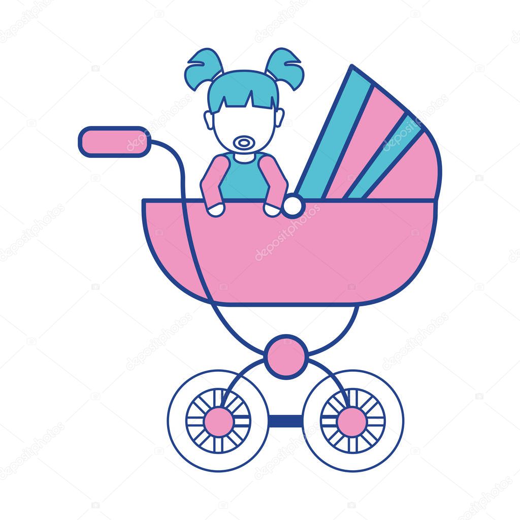 baby girl with hairstyle inside carriage, vector illustration