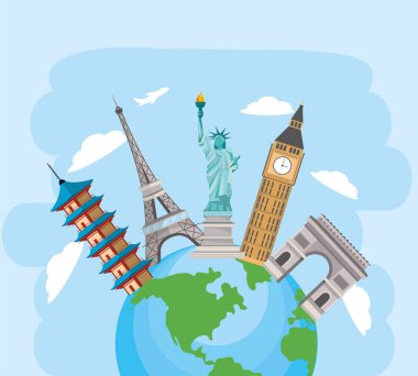 Küresel gezegen ve eğlenceli kuleleri seyahat vektör çizim