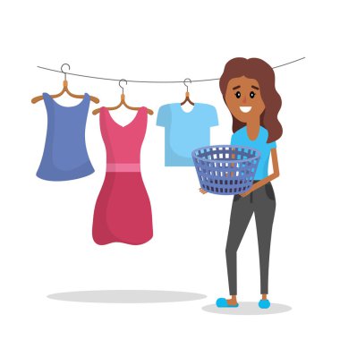 Çamaşırhane ekipmanları ve kadının aile içi bir iş yapması illüstrasyon vektör