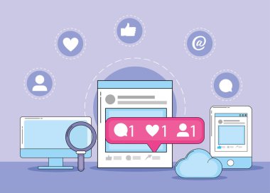 bilgisayar ve Web sitesi vektör çizim ile sosyal medya mesaj