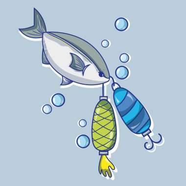 olta kancası ve deniz ürünleri vektör çizim yakalamak için naylon ile