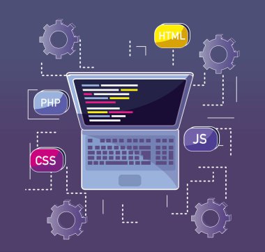 Laptop ile kodlama programı ve teknoloji öğeleri illüstrasyon grafik tasarım vektör