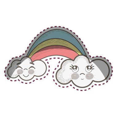 Kawaii rainbow ile bulutlar yüz ifadesi, vektör çizim ile