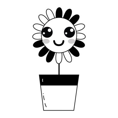kontur kawaii güzellik ve mutlu çiçek bitki vektör çizim