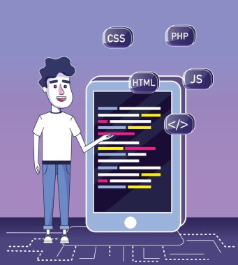 Yazılım programcısı Smartphone ve öğeleri vektör çizim grafik tasarım ile çalışma