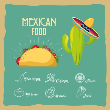 Meksika yemeği aperatif ve menü tema vektör çizim Taco