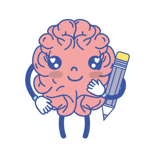 Kawaii Cerveau Heureux Avec Illustration Vectorielle Outil Crayon — Image vectorielle