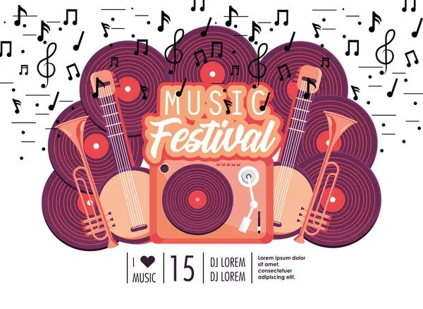 Radio Con Manjos Trompetas Música Festival Vector Ilustración — Archivo Imágenes Vectoriales