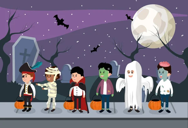 Amigos Con Trajes Miedo Noche Halloween Dibujos Animados Vector Ilustración — Vector de stock