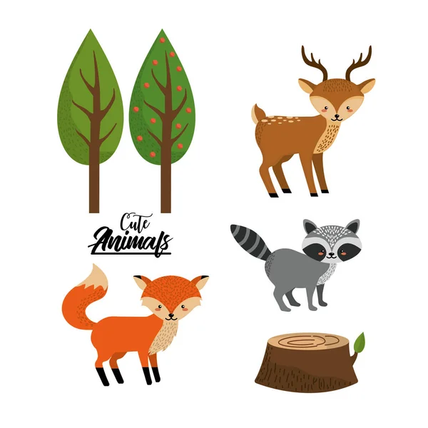 Conjunto Bonito Animal Selvagem Com Árvores Naturais Vetor Ilustração —  Vetores de Stock