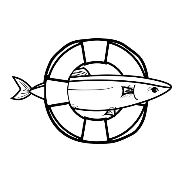 line fish with life buoy object design vector illustration